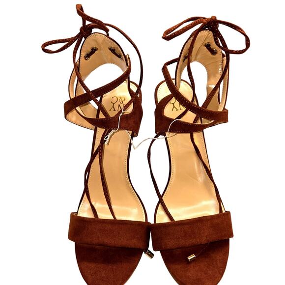NWT NY&C 9 Leg Wrap Brown Women's Sandals High Heel Shoes New With Tags - Picture 1 of 8